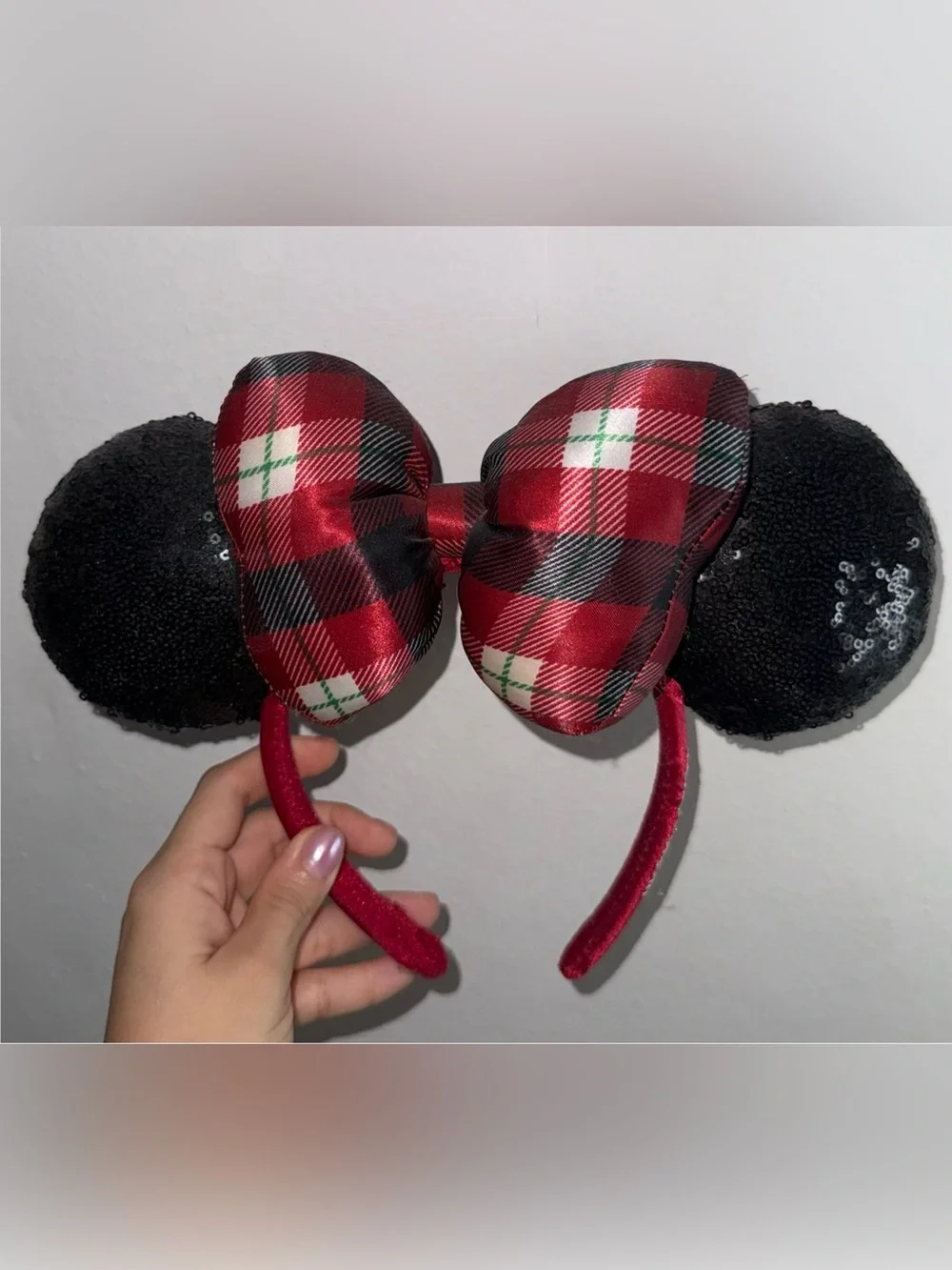 Disney Parks Christmas Holiday Sequin/Plaid Bow Minnie Ears Headband